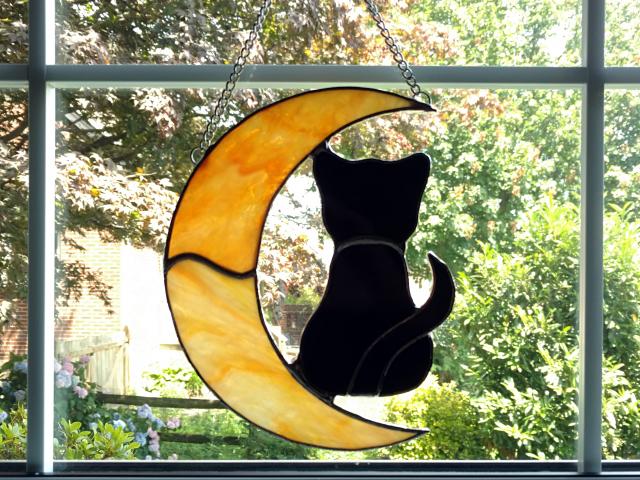 Stained Glass Black Cat on a Crescent Moon Suncatcher