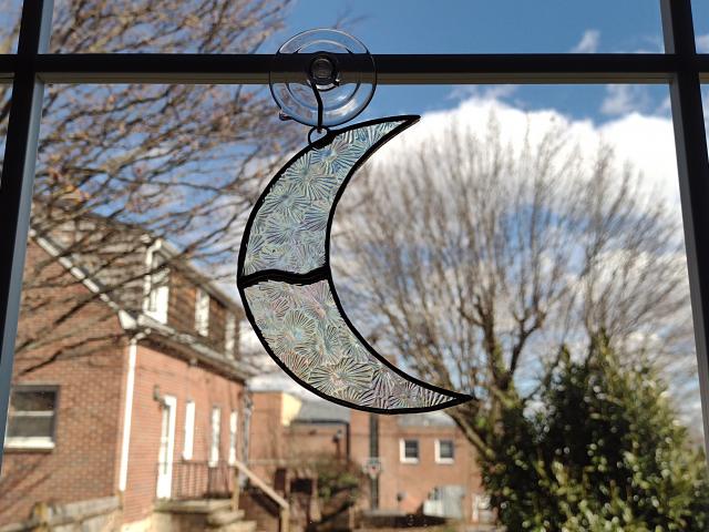 Crescent Moon Stained Glass Suncatcher--Starburst Clear Iridescent