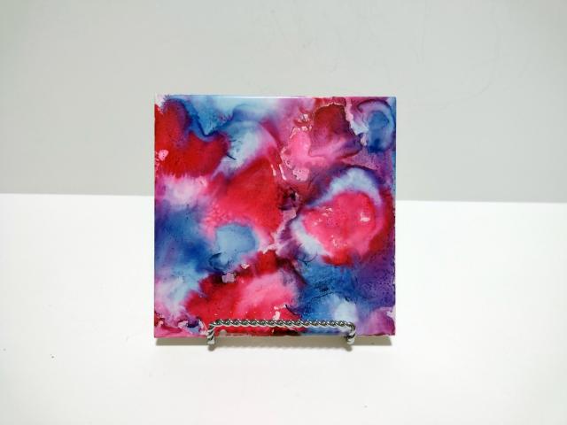 Alcohol Ink Ceramic Tile Trivet, 6" x 6", Blue and Pink