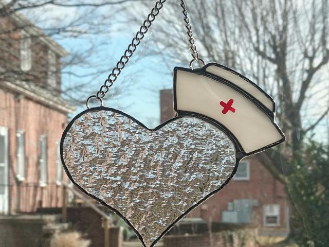 I Love Nurses Stained Glass Suncatcher, Heart with Nurse Cap