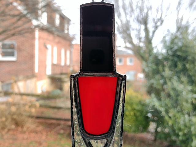 Nail Polish Bottle Stained Glass Suncatcher / Christmas Tree Ornament, Red Opalescent, Custom Colors Available