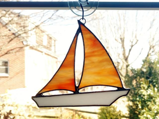 Stained Glass Sailboat Suncatcher, Orange Swirl