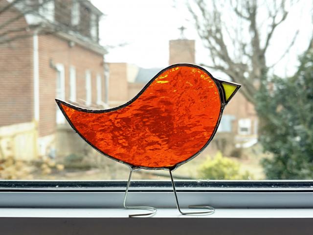 Stained Glass Standing Bird, Orange Cathedral Glass