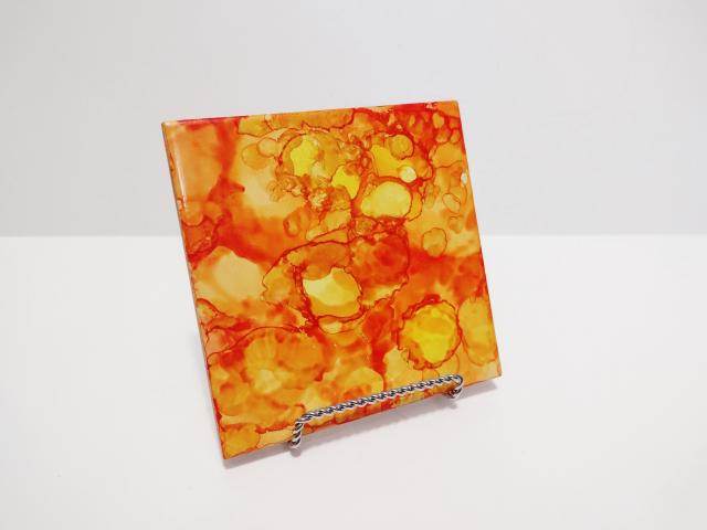 Alcohol Ink Ceramic Tile Trivet, 6" x 6", Orange and Yellow