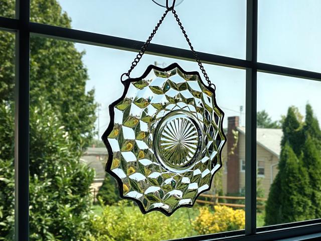 Vintage Glass Plate Window Hanging, Beveled Design