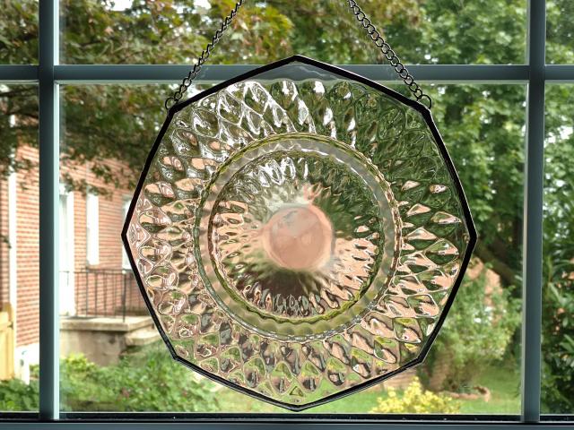 Vintage Glass Plate Window Hanging, Pale Pink