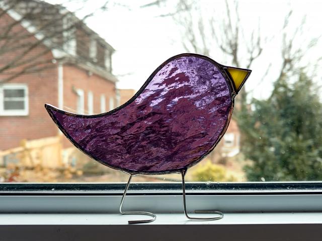 Stained Glass Standing Bird, Purple Cathedral Glass