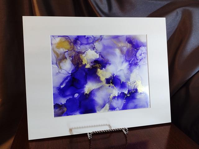 Alcohol Ink Painting, 8 x 10 Matted to 11 x 14, Purple and Gold Abstract