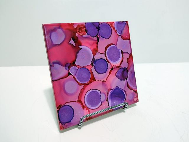 Alcohol Ink Ceramic Tile Trivet, 6" x 6", Pink and Purple Polka Dots