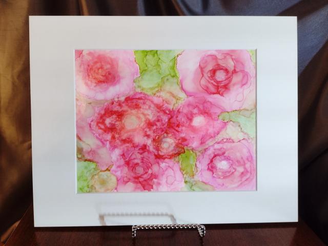 Alcohol Ink Painting, 8 x 10 Matted to 11 x 14, Pink Peonies Floral Abstract