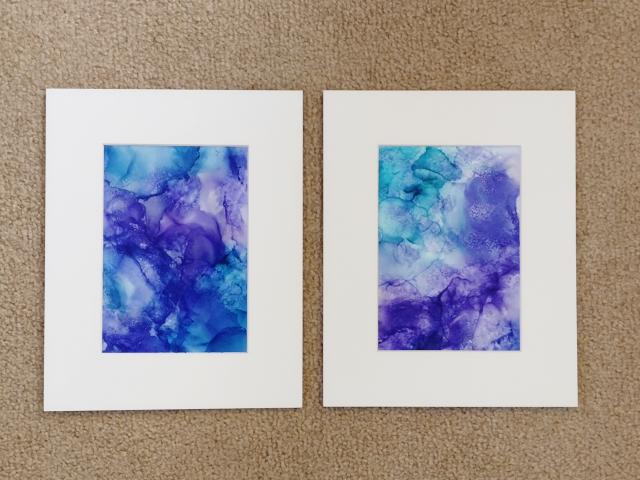 Alcohol Ink Painting Grouping, Set of 2, Purple and Blue Pearlized Fluid Art