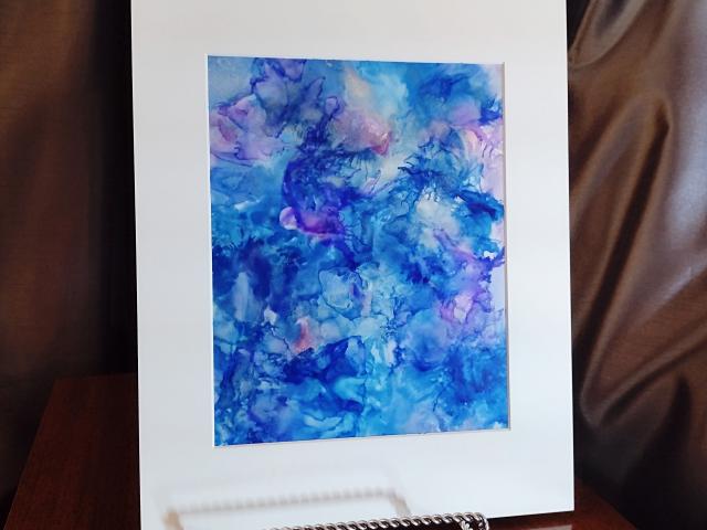 Alcohol Ink Painting, 8 x 10 Matted to 11 x 14, Blue Purple and Pink Fluid Art Abstract