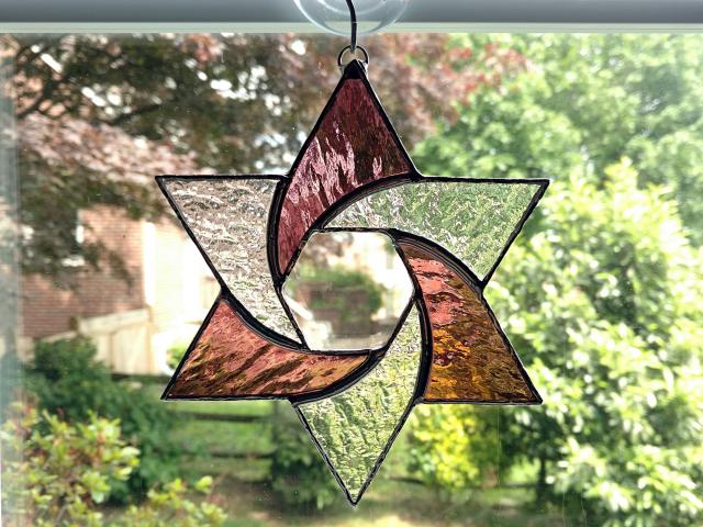 Stained Glass Star of David Suncatcher, Pink and Clear