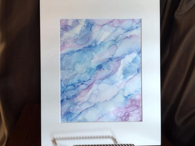 Alcohol Ink Painting, 8 x 10 Matted to 11 x 14, Blue and Pink Pastel Fluid Art Abstract