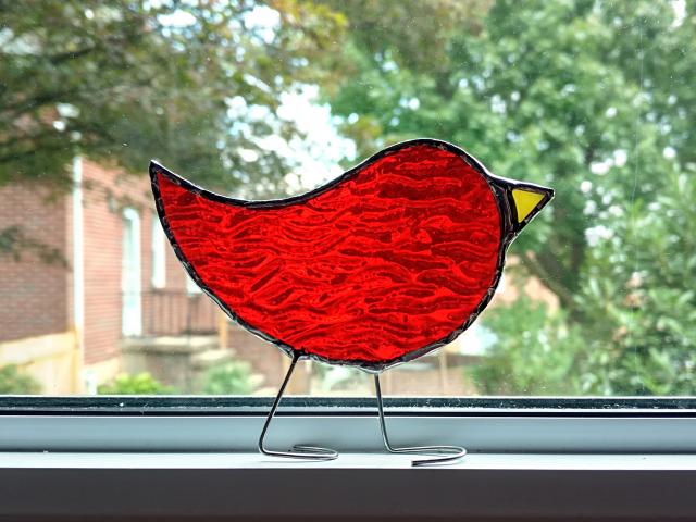 Stained Glass Standing Bird, Iridescent Red