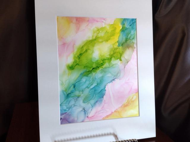 Alcohol Ink Painting, 8 x 10 Matted to 11 x 14, Rainbow Pastel Fluid Art Abstract