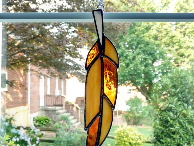 Stained Glass Feather Suncatcher, Amber and Tan