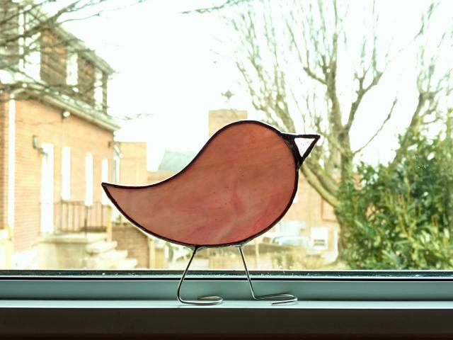 Stained Glass Standing Bird, Mauve Swirl