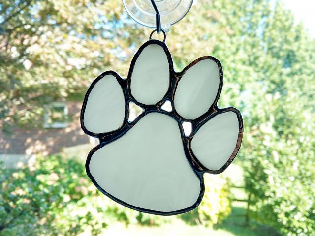 Stained Glass Paw Print Suncatcher, White, Custom Colors Available