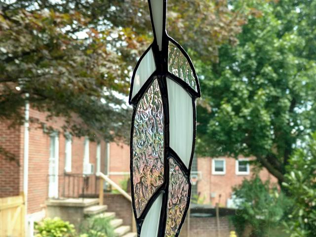 Stained Glass Feather Suncatcher, Iridescent Clear and White