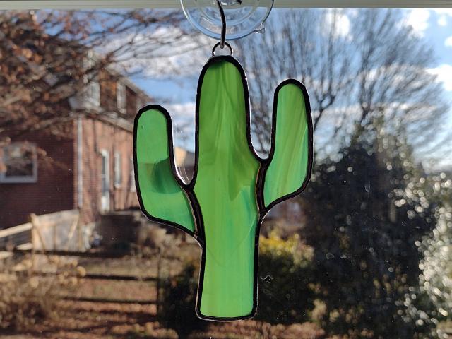 Stained Glass Cactus Suncatcher, Green White Wispy, Custom Colors Available