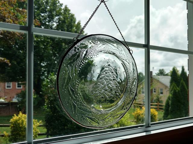 Vintage Christmas Tree and Holly Plate Window Hanging