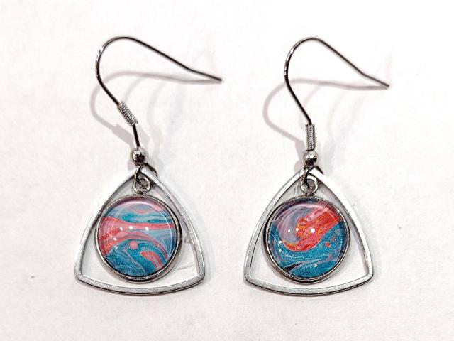 Painted Earrings, Coral Pink and Turquoise Blue Swirl Triangles