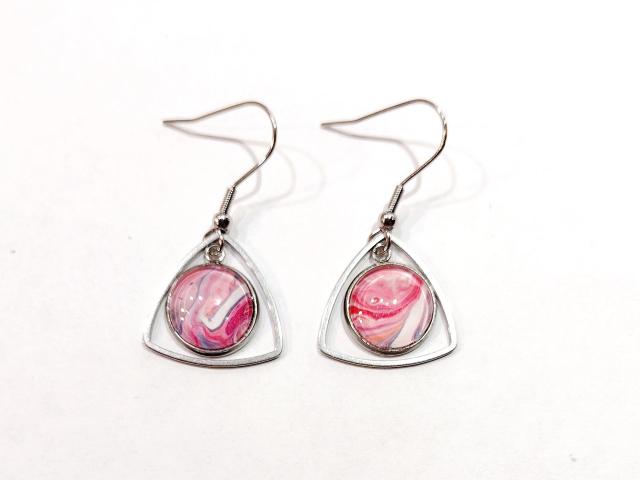 Painted Earrings, Pink and White Swirl Triangles