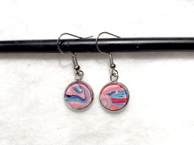 Painted Earrings, Pink, Blue, and Red Swirl