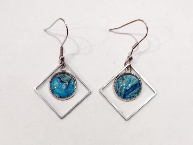 Painted Earrings, Blue and Green Swirl Squares
