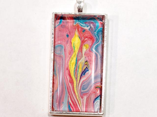 Painted Pendant, Pink, Gold, and Blue Flowing Abstract