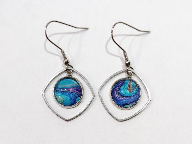 Painted Earrings, Blue and Purple Swirl Squares