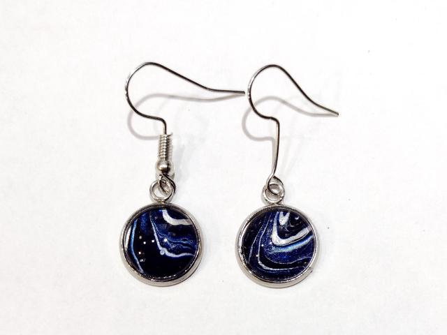 Painted Earrings, Navy Blue and Silver