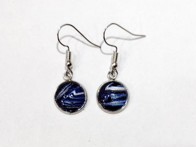 Painted Earrings, Navy Blue and Silver Swirls