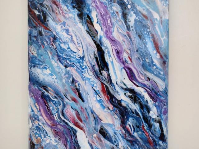 Blue and Purple Waves Abstract Original Acrylic Pour Painting, 9" x 12", Fluid Art Painting