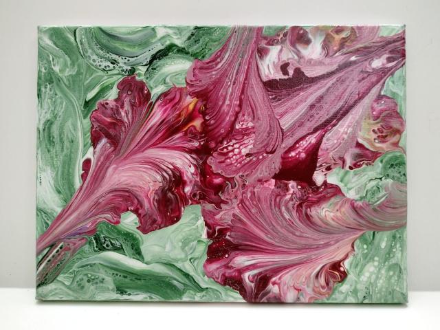 Pink and Green Floral Abstract Original Acrylic Pour Painting, 9" x 12", Fluid Art Painting