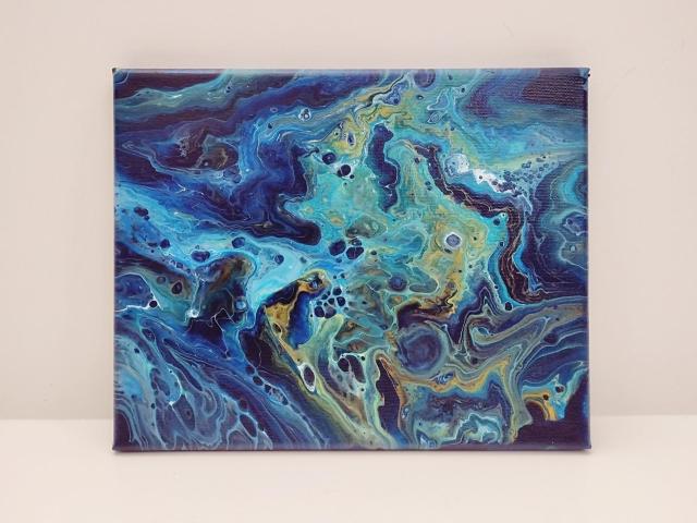 Blue, Green, and Gold Galaxy Abstract Original Acrylic Pour Painting, 8" x 10", Fluid Art Painting