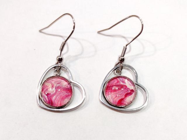 Painted Earrings, Pink Swirl Hearts
