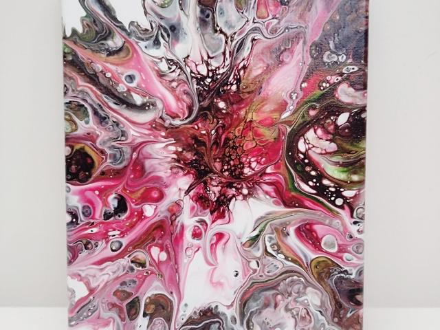 Red, Pink, Black, Gold and White Bloom Abstract Original Acrylic Pour Painting, 8" x 10", Fluid Art Painting