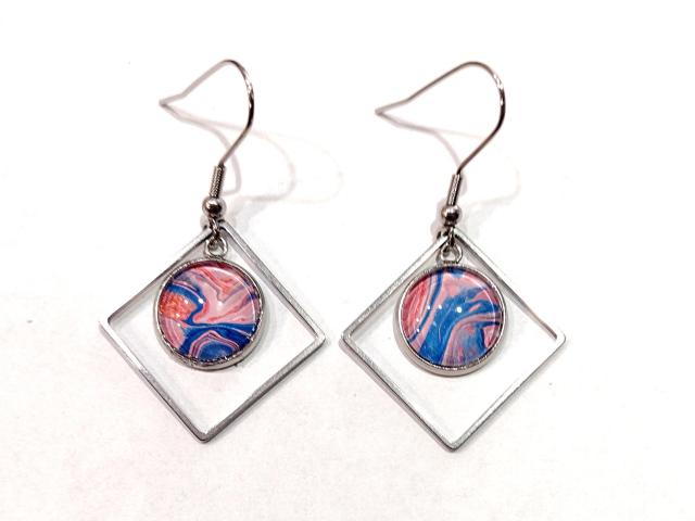 Painted Earrings, Pink and Blue Swirl Squares