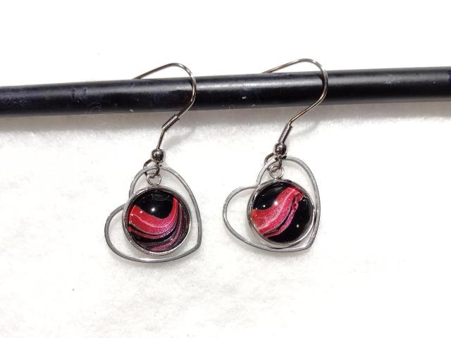 Painted Earrings, Pink and Black Hearts