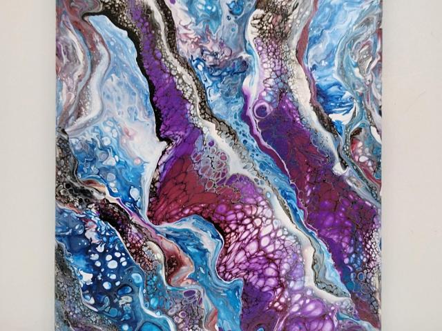 Purple and Blue Abstract Original Acrylic Pour Painting, 9" x 12", Fluid Art Painting