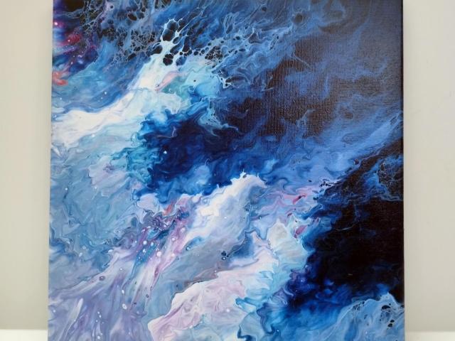 Blue and White Waves Abstract Original Acrylic Pour Painting, 12" x 12", Fluid Art Painting