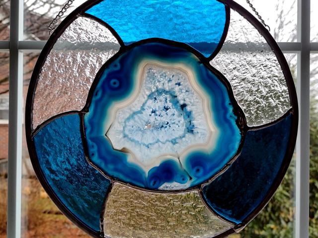 Round Stained Glass Panel with Blue Agate Geode