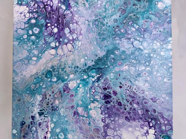 Purple and Turquoise Blue Abstract Original Acrylic Pour Painting, 12" x 12", Fluid Art Painting