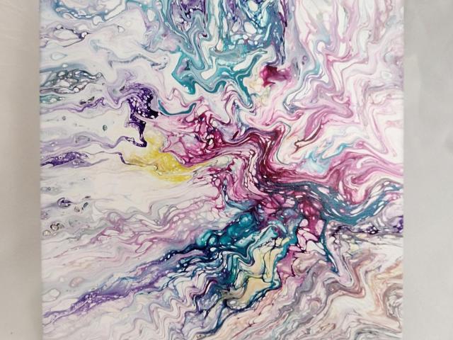 Pink, Purple and Turquoise Blue Abstract Original Acrylic Pour Painting, 12" x 12", Fluid Art Painting