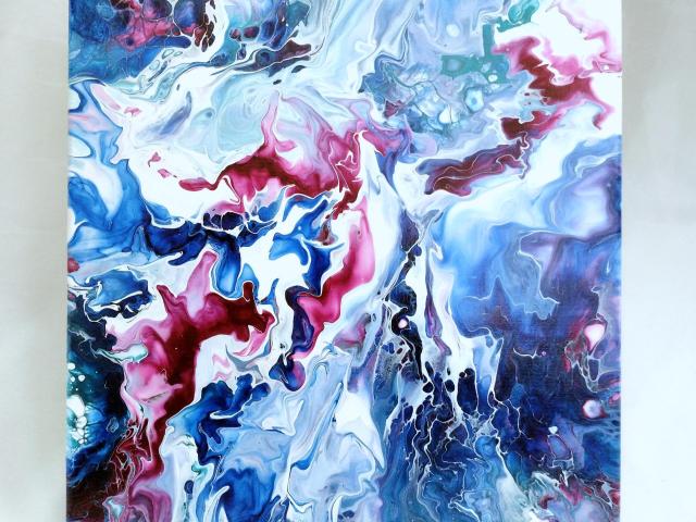 Blue and Bright Pink Abstract Original Acrylic Pour Painting, 12" x 12", Fluid Art Painting