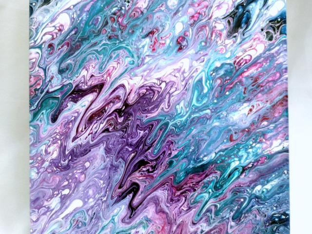 Purple, Turquoise and White Abstract Original Acrylic Pour Painting, 12" x 12", Fluid Art Painting