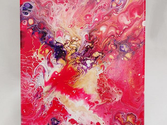 Red, Purple, and Gold Abstract Original Acrylic Pour Painting, 8" x 10", Fluid Art Painting