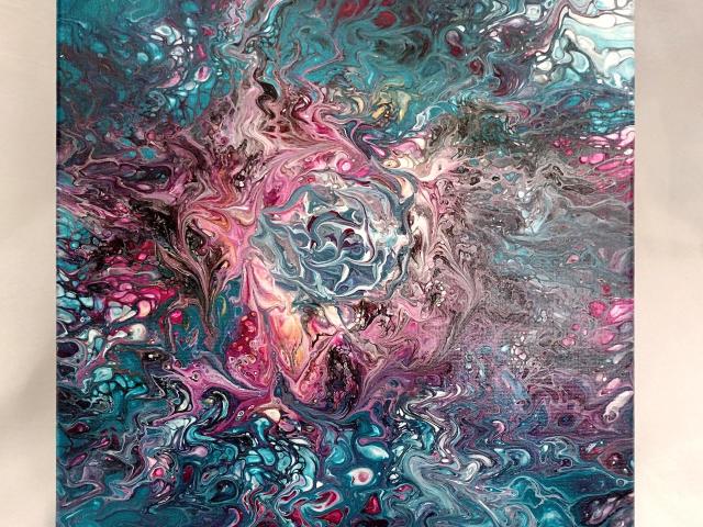 Turquoise and Pink Swirls Abstract Original Acrylic Pour Painting, 12" x 12", Fluid Art Painting